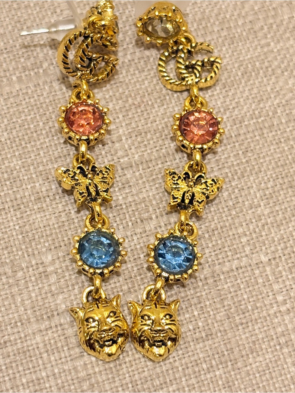Gucci Gold-Tone Drop Earrings with Pink and Blue Stones